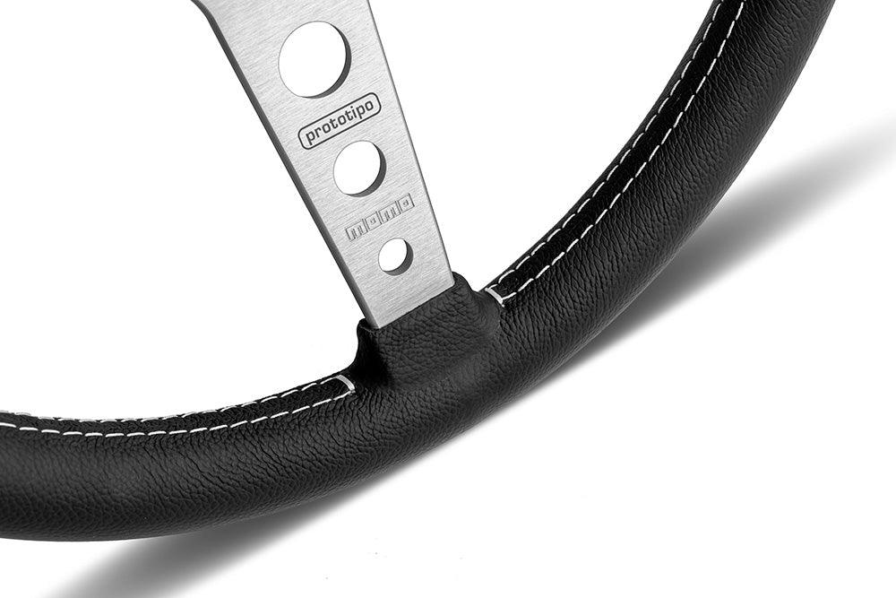 MOMO Prototipo 370mm Leather Steering Wheel - Silver Spokes - Image 3
