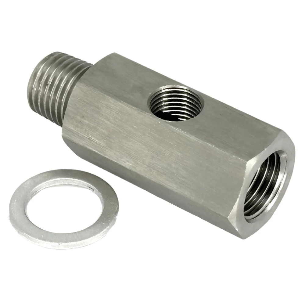 Stainless Steel Oil Pressure T Piece 1/4" NPT male - 1/4" NPT female - 1/8" NPT female in the side.
