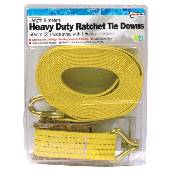 Heavy-Duty Ratchet Tie Down Straps | 50mm x 8m | With J-Hooks | TUV/GS Approved